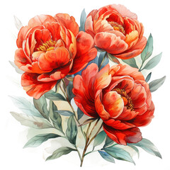 Beautiful colorful peony flowers watercolor illustration isolated