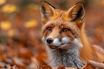Fototapeta premium Blurry forest background with a fox in focus, its graceful silhouette blending with nature's hues.