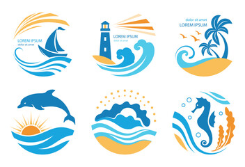 Marine logos and icons. Summer tropical labels and emblems with sailboat, palm trees, waves and lighthouse. Signs and symbols of travel and tourism. Vector illustration - 750169048