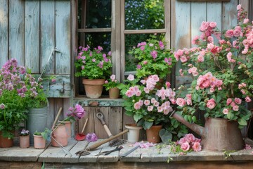 A window with a view of a garden with many pink flowers