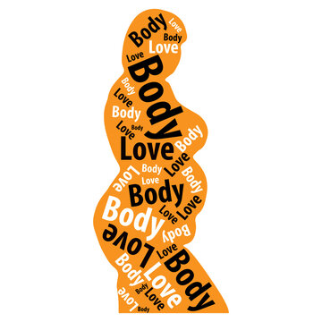 Stop shaming yourself! Orange silhouette of plus-size model with words Body Love on white background