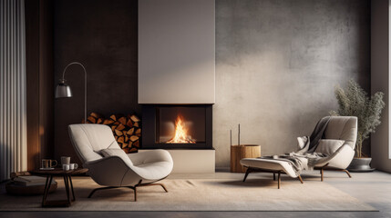 Fototapeta premium A modern living room with a textured wall finish, a fireplace, and a large armchair