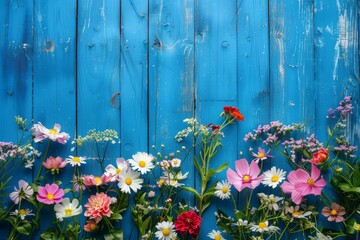 A blue wooden fence with a colorful flower garden in front of it