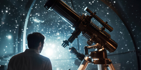 Starry Night: Man's Discovery of the Universe, Watching with Telescope, in Tranquil Cosmic Background