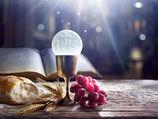 Communion - Holy Grail With Corpus Christi And Bible - Ears Wheat And Grapes With Chalice For...