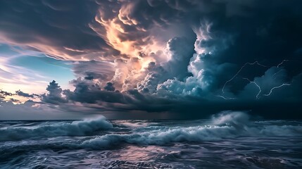 thunder over tides: the sea's tempest under stormy skies - obrazy, fototapety, plakaty