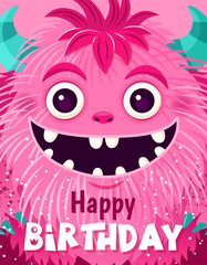 Happy Birthday greeting card or Monster party invitation. Festive postcard featuring a fluffy cartoon monster. Vector design with a cute creature for your celebration event. Layered template.