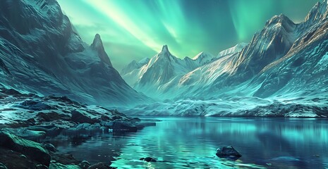 arctic whispers: a serene night under the aurora-lit sky - obrazy, fototapety, plakaty