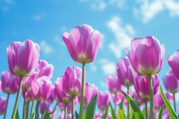 A field of pink flowers with a blue sky in the background