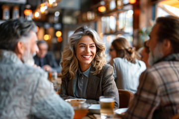 Caucasian Business Woman with Colleagues in a Restaurant. Businesswoman Hanging Out with Friends in a Cafe. Lifestyle Concept - obrazy, fototapety, plakaty