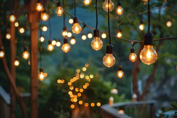 A string of lights hanging from a tree - obrazy, fototapety, plakaty