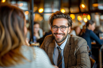 Caucasian Businessman in a Cafe Smiling. Business Man Sitting in a Restaurant Wearing Suit and Sunglasses. Lifestyle Concept