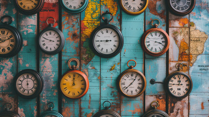 Vintage Clocks on World Map Background, Different Time Zones Concept, Classic Timepieces on Weathered Wooden Planks, Travel and Time