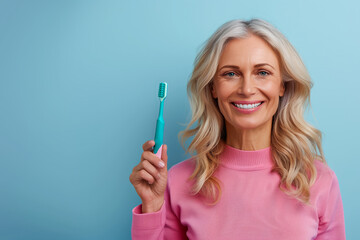 Caucasian Mid-aged Woman Holding Toothbrush on Isolated Background.