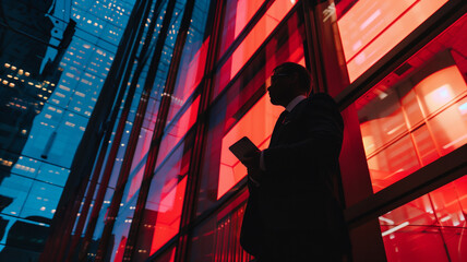 businessman at night outside office building