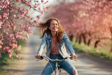 A woman is riding a bike down a road with cherry blossoms in the background