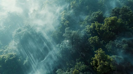 sunrays piercing through mist over tree tops from above