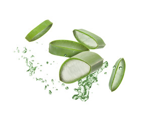 Sliced aloe vera leaf and splashes of juice on white background