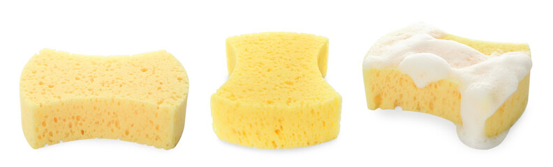 Different yellow sponges isolated on white, set