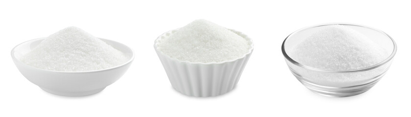 Granulated sugar in bowls isolated on white, set
