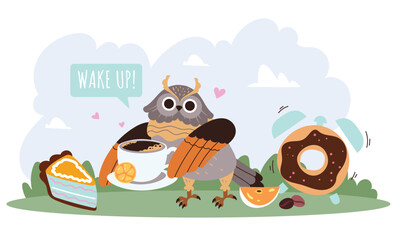 Bird with cup of coffee good morning wake up concept. Vector cartoon graphic design element illustration
