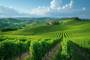 Naklejka premium Green vineyards growing on the hills under blue sky with white clouds in Italy or France