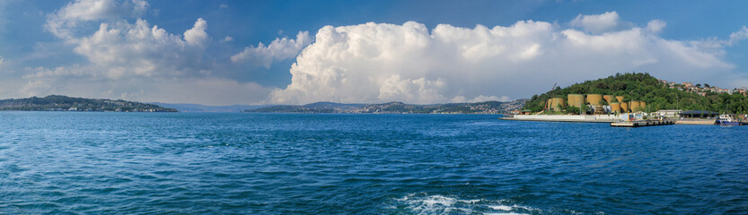 View from the water to buildings in the city of Istanbul 