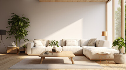 A modern living room with biophilic design that has a white wall, a few plants, and a comfortable sofa