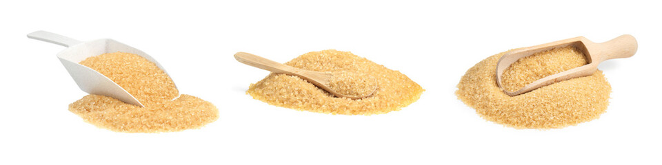 Granulated brown sugar isolated on white, set