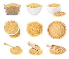 Granulated brown sugar isolated on white, set