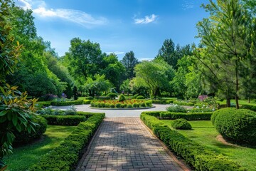 A beautiful garden with a brick walkway and hedges