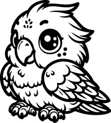 Cute baby parrot black outline vector illustration. Coloring book for kids.