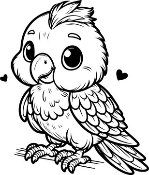 Cute baby parrot black outline vector illustration. Coloring book for kids.