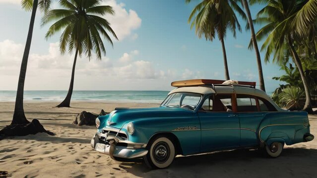 Vintage car parked on the tropical beach with a surfboard on the roof