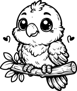 Cute baby parrot black outline vector illustration. Coloring book for kids.
