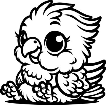 Cute baby parrot black outline vector illustration. Coloring book for kids.
