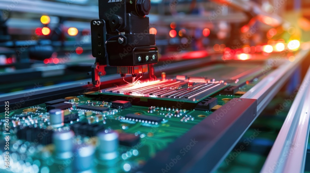 Aufkleber Automated PCB assembly line. Conveyor with robotic arms in electronics factory. Semiconductor manufacturing industry