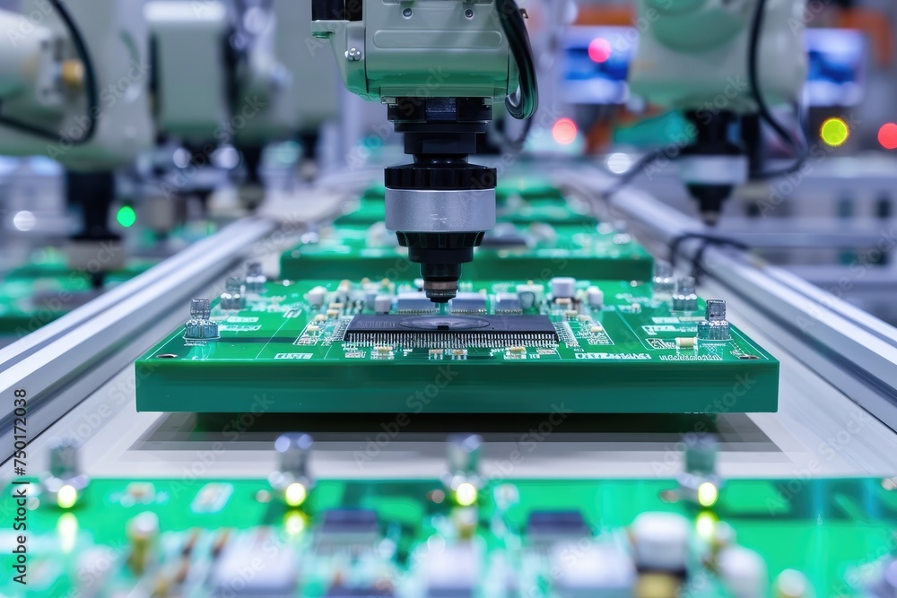 Aufkleber Printed circuit board assembly process. Conveyor with robotic arms in electronics factory. Semiconductor manufacturing industry