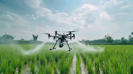 Agricultural drone flies over the field. The future of agricultural technology.