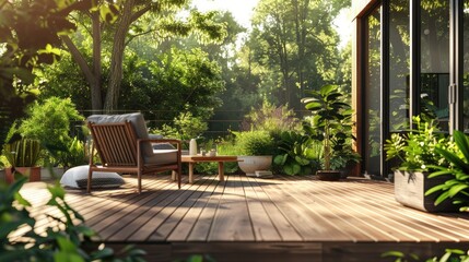 Beautiful wooden terrace with garden furniture surrounded by greenery