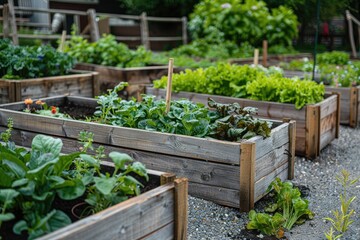 Community kitchen garden. Raised garden beds with plants in vegetable community garden.