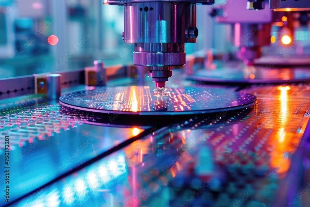 Poster robotic manufacturing of semiconductors and computer chips from silicon wafers. modern technology co