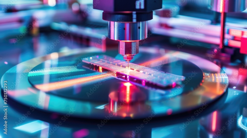 Poster robotic manufacturing of semiconductors and computer chips from silicon wafers. modern technology co