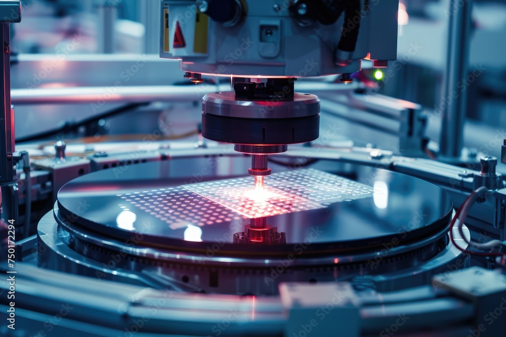 Poster robotic manufacturing of semiconductors and computer chips from silicon wafers. modern technology co