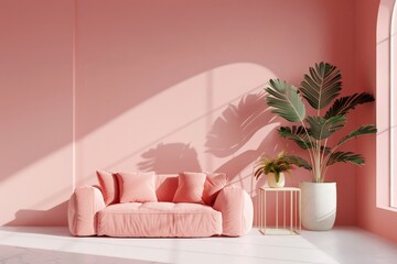 A pink couch sits in front of a window with a potted plant