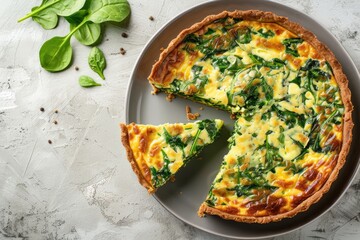 Savory tart of rich egg custard, spinach and cheese with cut out a slice on the plate