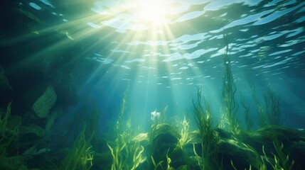 Fototapeta na wymiar Underwater sunlight piercing through ocean surface