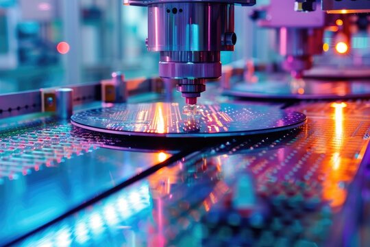 Robotic manufacturing of semiconductors and computer chips from silicon wafers. Modern technology concept