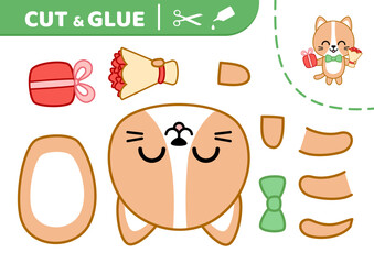 Cut and glue cat congratulates by bouquet and gift. Applique. Paper game. Vector