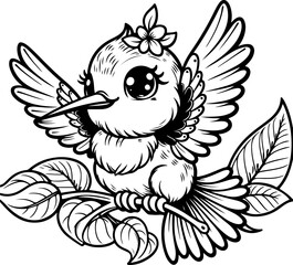 Cute baby colibri black outline vector illustration. Coloring book for kids.